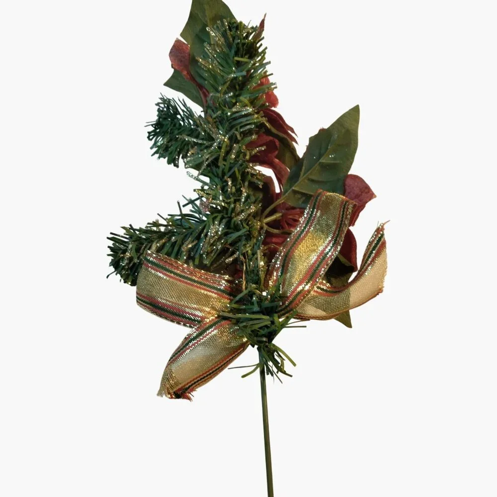 Artificial Red Poinsettia Floral Pick Glitter Gold Ribbon Trim Vtg Christmas